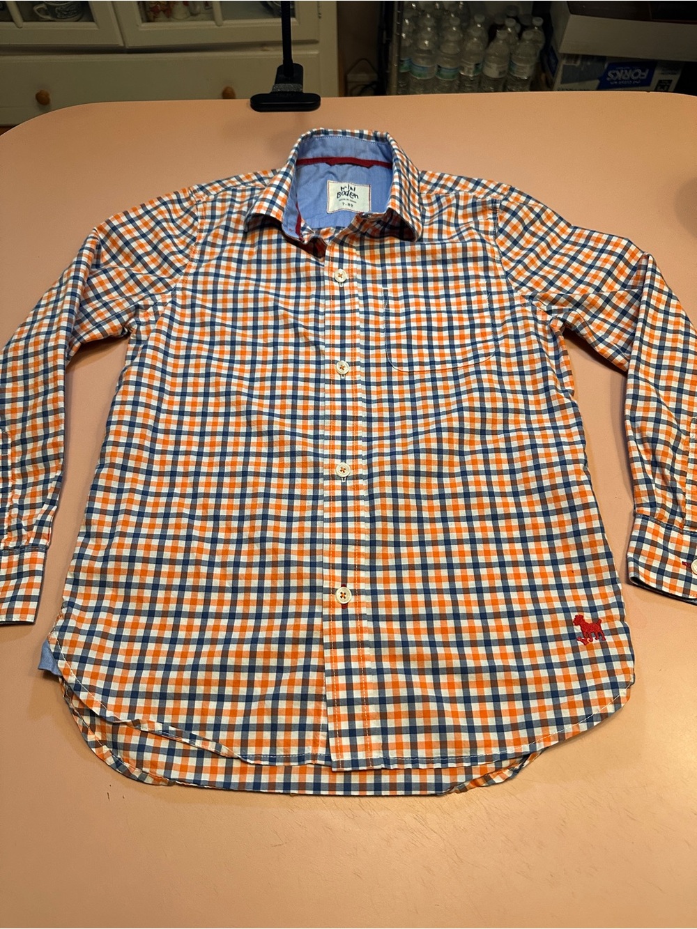 Mini Boden Orange and Blue Gingham Button-Down Shirt